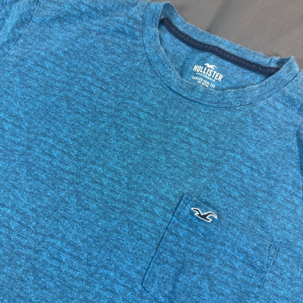 Hollister Mens Blue Space Dye Curved Hem Pocket Tee Shirt Large L 100% Cotton